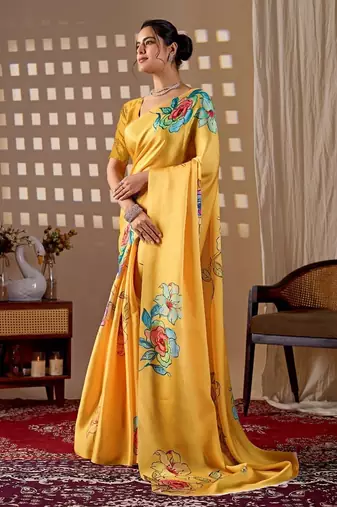 Elegant Yellow Floral Print Saree for Women