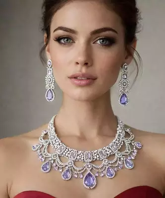 Lavender CZ Bridal Jewelry Set | Silver Tone Indian Wedding Necklace, Earrings & Maang Tikka 1