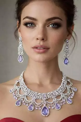 Lavender CZ Bridal Jewelry Set | Silver Tone Indian Wedding Necklace, Earrings & Maang Tikka