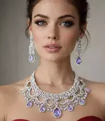 Lavender CZ Bridal Jewelry Set | Silver Tone Indian Wedding Necklace, Earrings & Maang Tikka