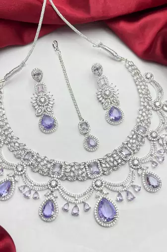 Lavender CZ Bridal Jewelry Set | Silver Tone Indian Wedding Necklace, Earrings & Maang Tikka