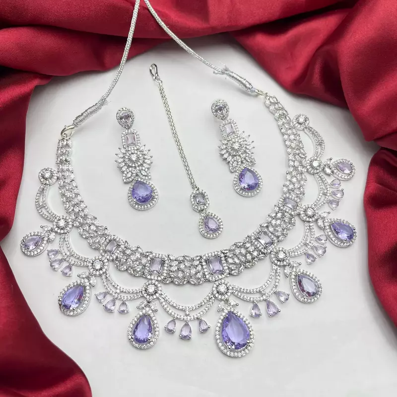 Lavender CZ Bridal Jewelry Set | Silver Tone Indian Wedding Necklace, Earrings & Maang Tikka