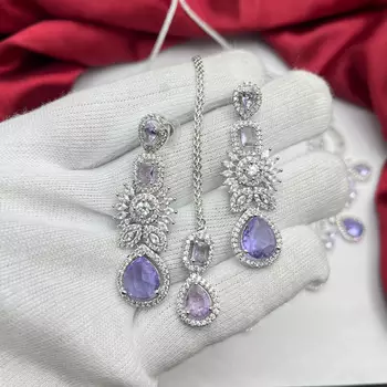 Lavender CZ Bridal Jewelry Set | Silver Tone Indian Wedding Necklace, Earrings & Maang Tikka 3