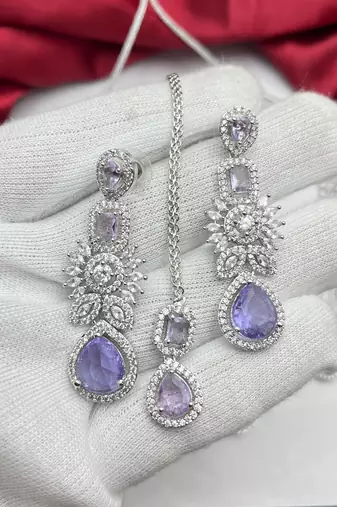 Lavender CZ Bridal Jewelry Set | Silver Tone Indian Wedding Necklace, Earrings & Maang Tikka