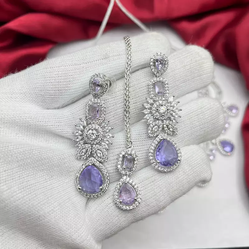 Lavender CZ Bridal Jewelry Set | Silver Tone Indian Wedding Necklace, Earrings & Maang Tikka