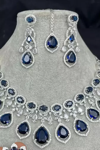 Royal Blue Sapphire Bridal Jewelry Set: CZ Crystal Choker