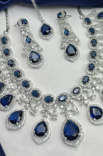 Royal Blue Sapphire Bridal Jewelry Set: CZ Crystal Choker