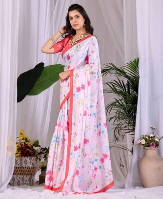 Elegant White Floral Print Saree for Women 1