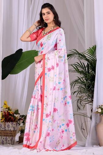Elegant White Floral Print Saree for Women