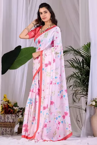 Elegant White Floral Print Saree for Women