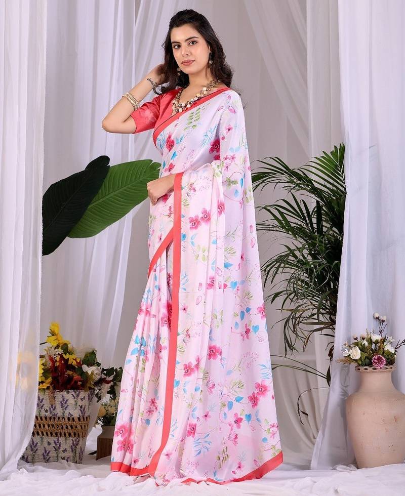 Elegant White Floral Print Saree for Women