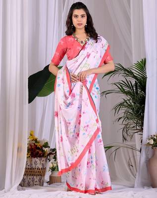 Elegant White Floral Print Saree for Women 2