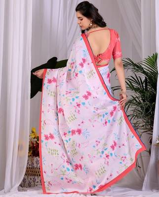 Elegant White Floral Print Saree for Women 3