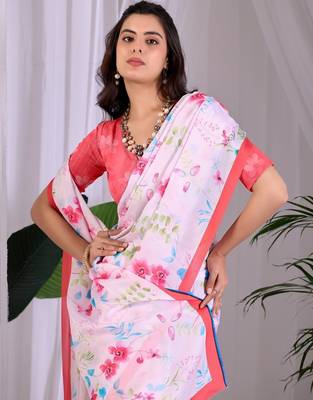 Elegant White Floral Print Saree for Women 4