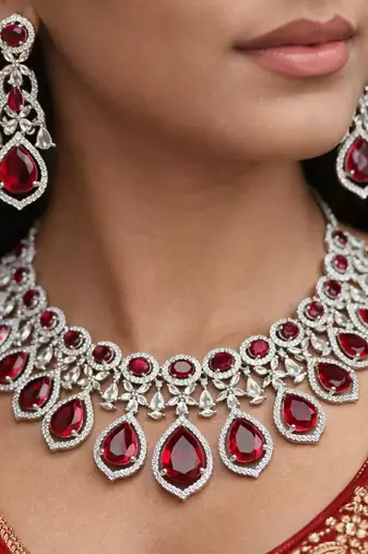 Red Pear Cut Crystal Bridal Jewelry Set: Necklace, Earrings, Maang Tikka – Victorian Style Gala