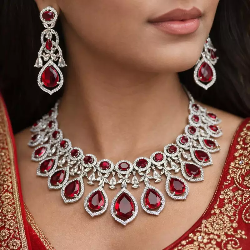 Red Pear Cut Crystal Bridal Jewelry Set: Necklace, Earrings, Maang Tikka – Victorian Style Gala