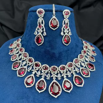 Red Pear Cut Crystal Bridal Jewelry Set: Necklace, Earrings, Maang Tikka – Victorian Style Gala 2