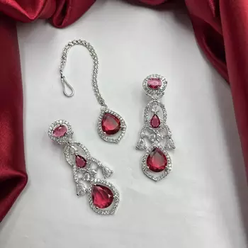 Red Pear Cut Crystal Bridal Jewelry Set: Necklace, Earrings, Maang Tikka – Victorian Style Gala 3