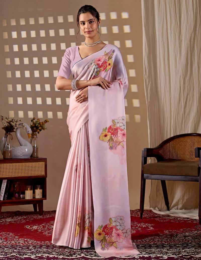 Elegant Baby Pink Floral Print Saree for Women