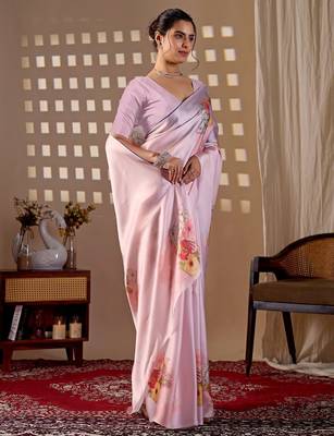 Elegant Baby Pink Floral Print Saree for Women 2