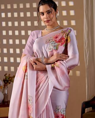 Elegant Baby Pink Floral Print Saree for Women 4