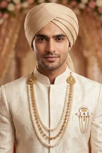   groom sherwani necklace moti mala layered for wedding | groom mala with brooch set