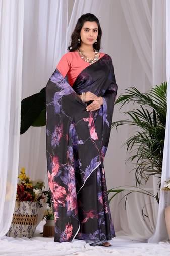 Elegant Black Floral Print Saree for Women