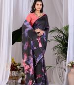 Elegant Black Floral Print Saree for Women