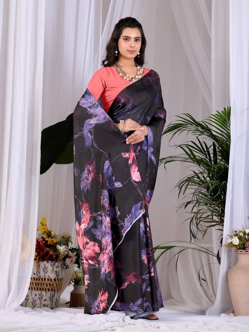 Elegant Black Floral Print Saree for Women