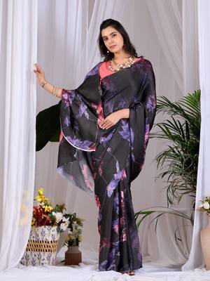 Elegant Black Floral Print Saree for Women 2