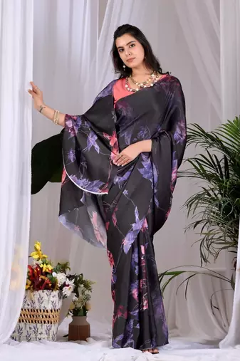 Elegant Black Floral Print Saree for Women