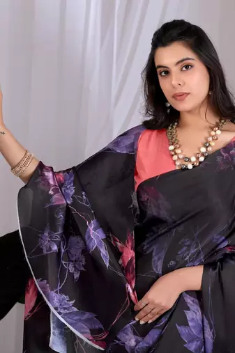 Elegant Black Floral Print Saree for Women