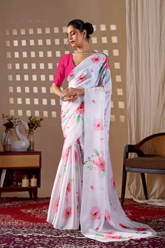 Elegant White Floral Print Saree for Women