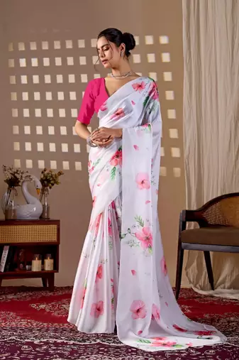 Elegant White Floral Print Saree for Women