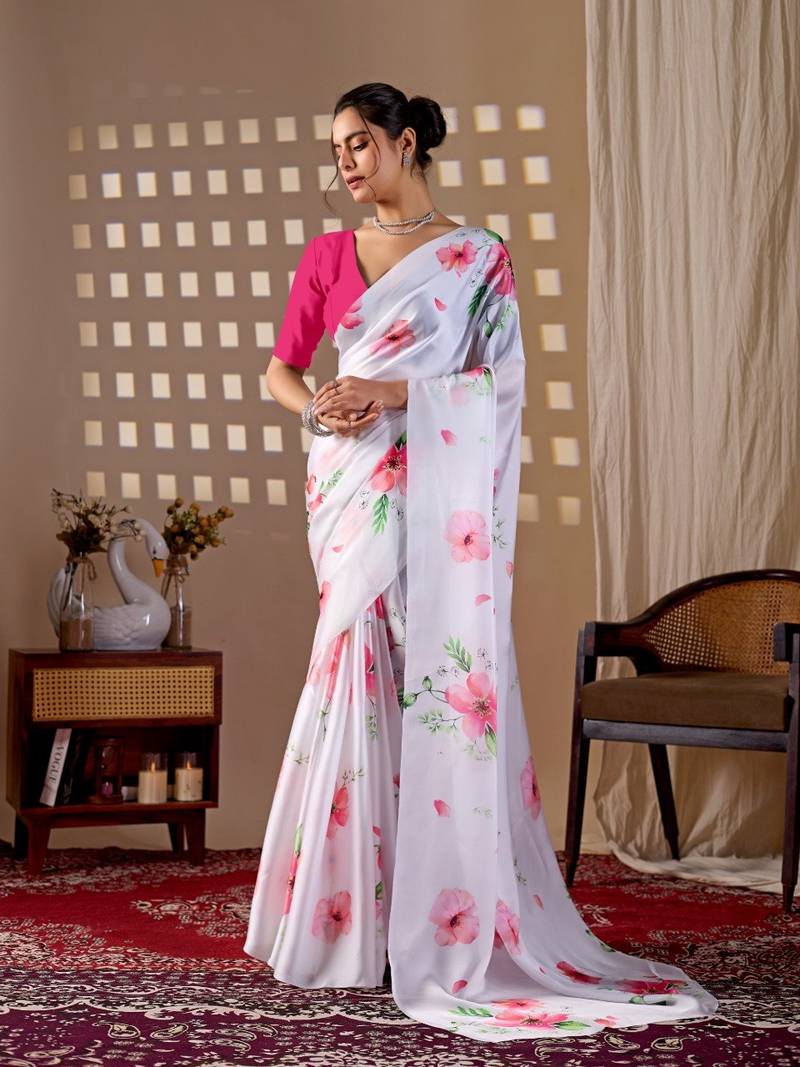 Elegant White Floral Print Saree for Women