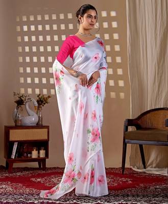Elegant White Floral Print Saree for Women 2