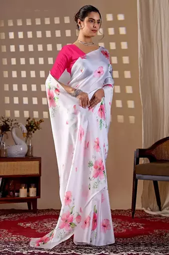 Elegant White Floral Print Saree for Women