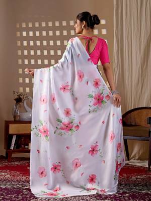 Elegant White Floral Print Saree for Women 3