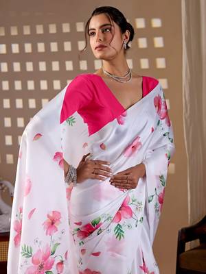 Elegant White Floral Print Saree for Women 4