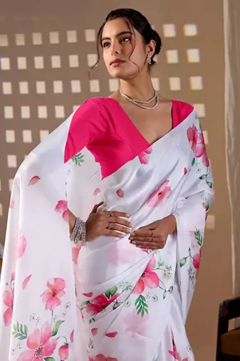Elegant White Floral Print Saree for Women