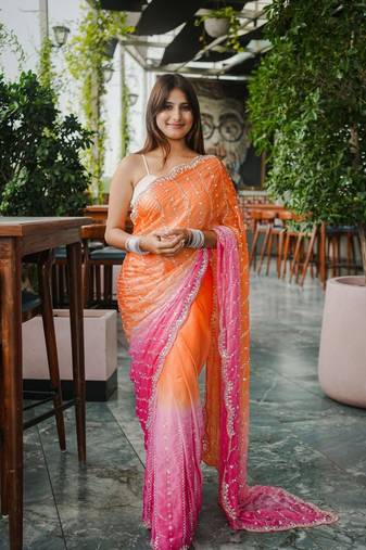 Orange And Pink Color Handwork and Sequence Work Satin Saree