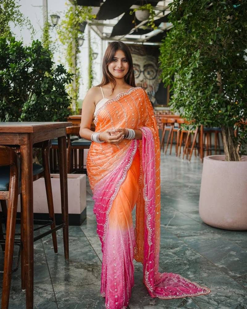 Orange And Pink Color Handwork and Sequence Work Satin Saree