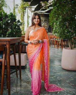 Orange And Pink Color Handwork and Sequence Work Satin Saree 1
