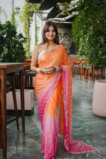 Orange And Pink Color Handwork and Sequence Work Satin Saree