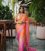 Orange And Pink Color Handwork and Sequence Work Satin Saree