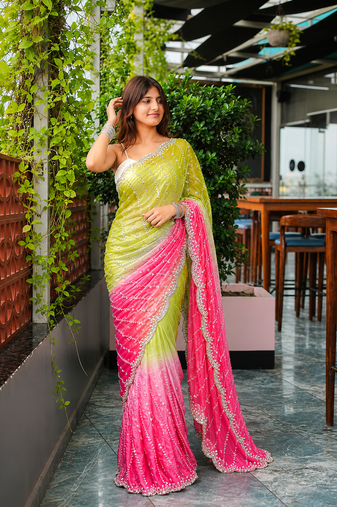 Parrot Green And Pink Color Handwork and Sequence Work Satin Saree