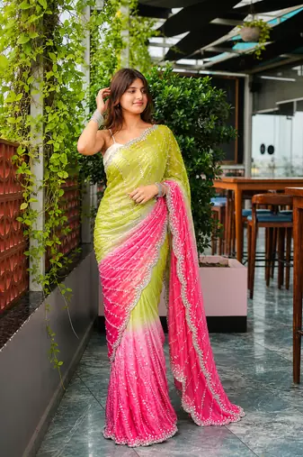 Parrot Green And Pink Color Handwork and Sequence Work Satin Saree