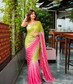 Parrot Green And Pink Color Handwork and Sequence Work Satin Saree