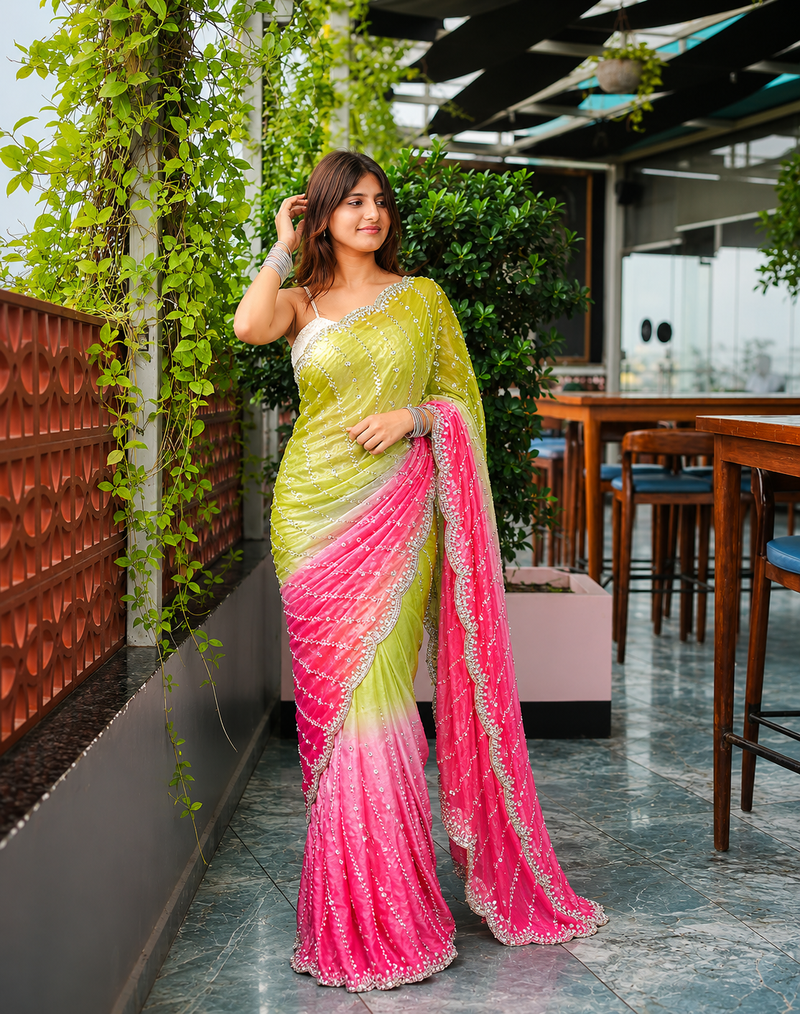 Parrot Green And Pink Color Handwork and Sequence Work Satin Saree