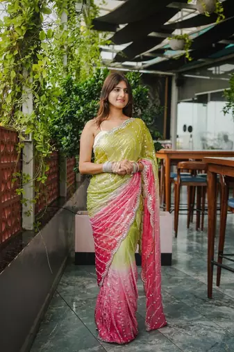 Parrot Green And Pink Color Handwork and Sequence Work Satin Saree